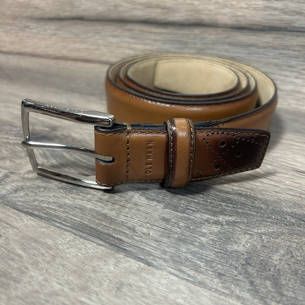 Cole Haan Men's Brown Leather Belt Silver Buckle Size 38